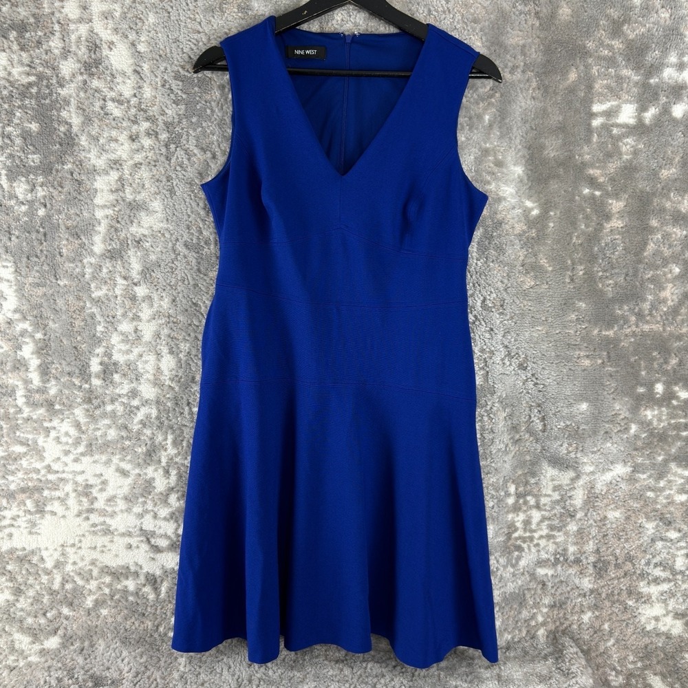 Nine West Size S Minimalist Fit Flare V Neck Mini Dress Blue Sleeveless Zip